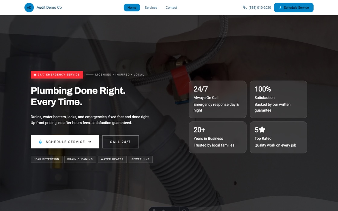 Plumbing website template — a real Buildrok site