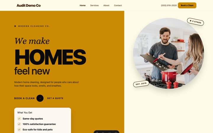 Bloom — live Modern Cleaning · Bold & Eco-Friendly demo site