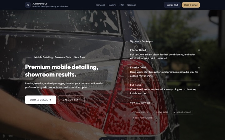 Midnight — live Mobile Detailing · Premium Services demo site