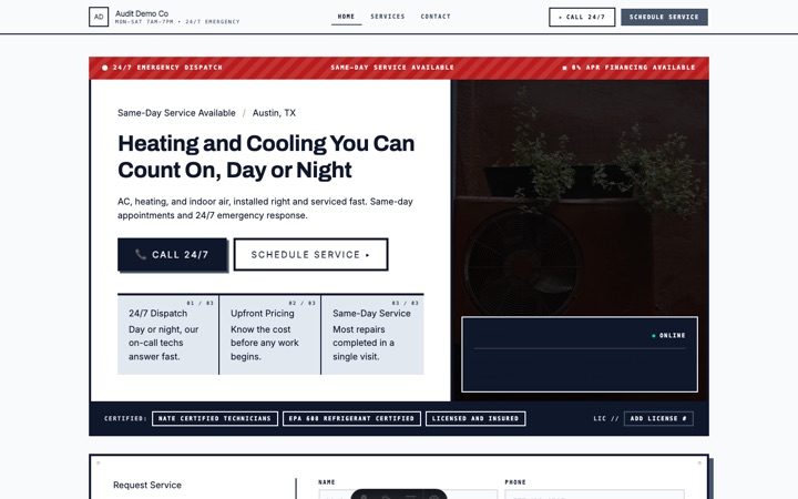 Ironclad — live HVAC · Emergency Services demo site