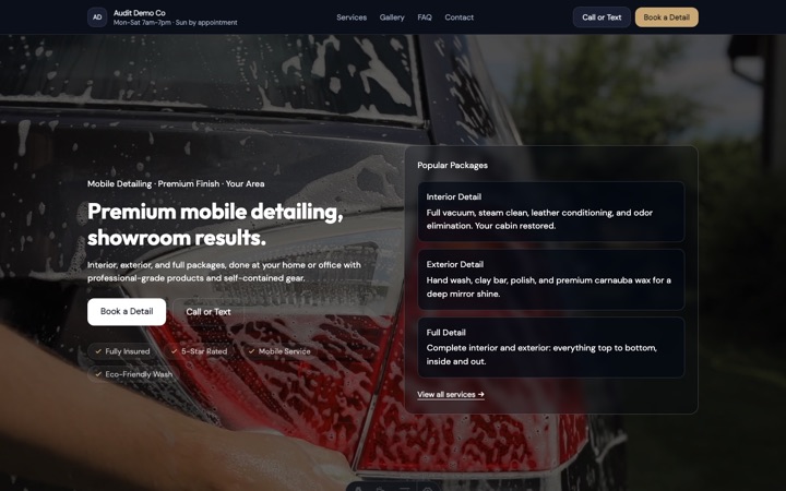Midnight Shine template for Mobile Detailing · Premium Services — real site preview