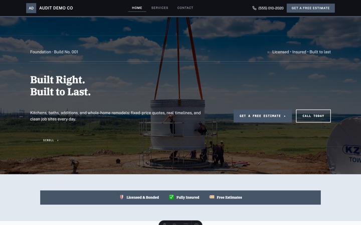 Foundation — live Construction · General Contractor demo site