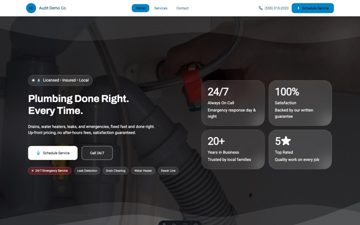 Current — live Plumber · Plumbing Services demo site