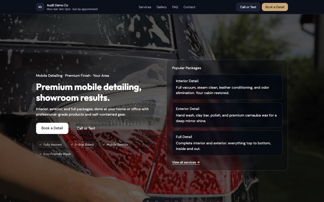 Mobile Detailing website template — a real Buildrok site
