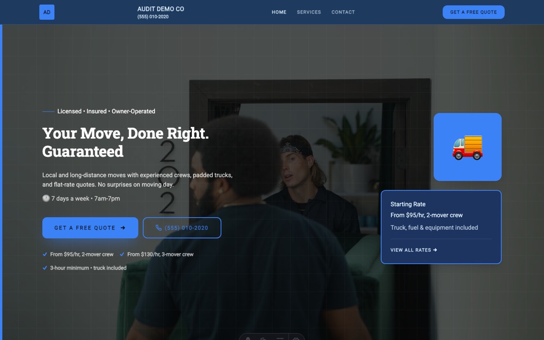 Moving website template — a real Buildrok site