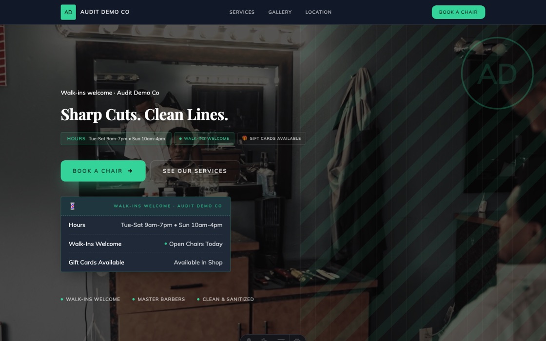 Barbershop website template — a real Buildrok site