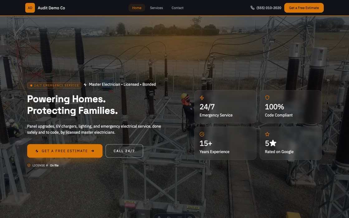Electrical website template — a real Buildrok site