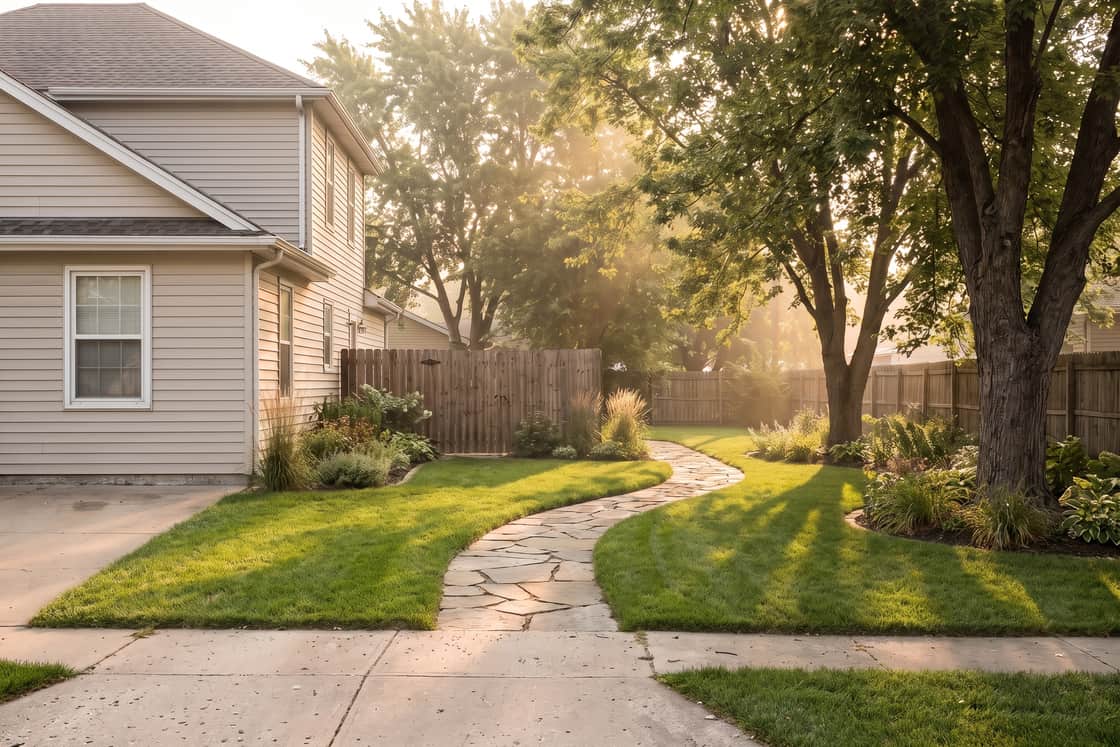 The same side yard rebuilt, a flagstone path set into new turf with planted borders