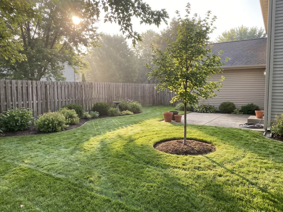 Maintained backyard at golden hour with mown turf, defined beds and a clean mulch ring