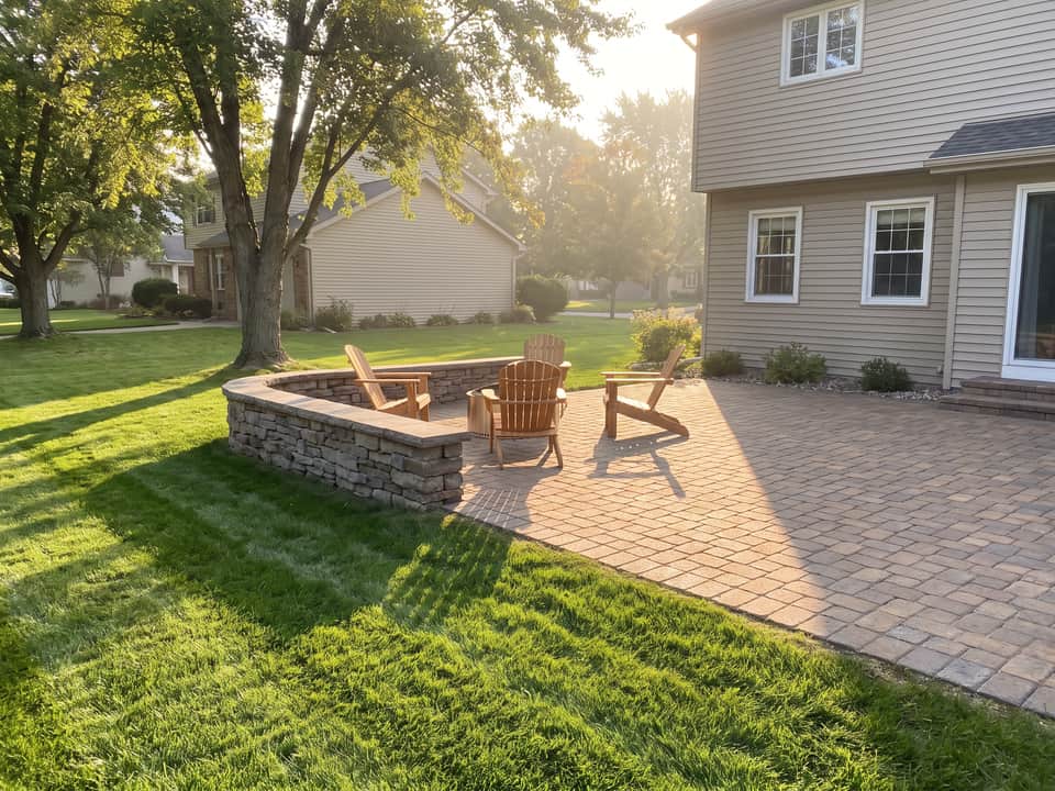 Finished paver patio with a dry-stacked stone seat wall in warm evening light