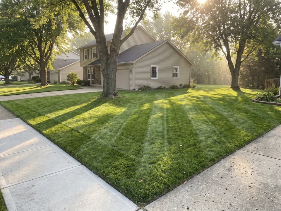 Freshly mown front lawn with clean alternating stripes and a crisp edge along the walk